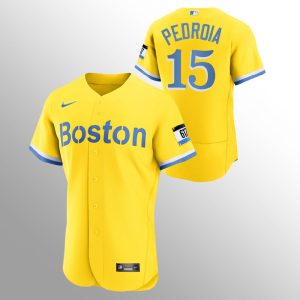 Fantastic Boston Red Sox #15 Dustin Pedroia Men's Nike 2021 City Connect Gold Authentic MLB Jersey