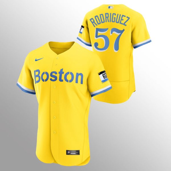 Premium Boston Red Sox #57 Eduardo Rodriguez Men's Nike 2021 City Connect Gold Authentic MLB Jersey