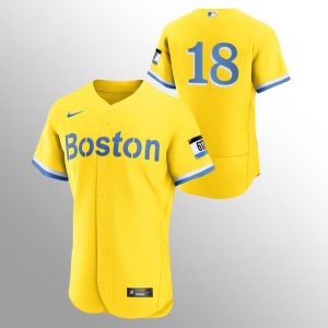 Stunning Boston Red Sox #18 Kyle Schwarber Men's Nike 2021 City Connect Gold Authentic MLB Jersey   No Name