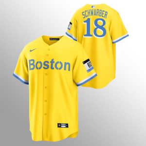 Exceptional Boston Red Sox #18 Kyle Schwarber Men's Nike 2021 City Connect Gold Fans Version MLB Jersey