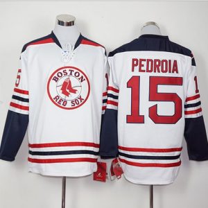 Outstanding Red Sox #15 Dustin Pedroia White Long Sleeve Stitched MLB Jersey