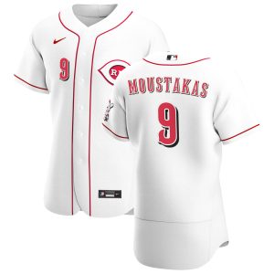 Superb Cincinnati Reds #9 Mike Moustakas Men's Nike White Home 2020 Authentic Player MLB Jersey