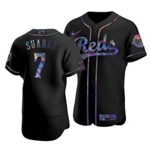Fantastic Cincinnati Reds #7 Eugenio Suarez Men's Nike Iridescent Holographic Collection MLB Jersey   Black