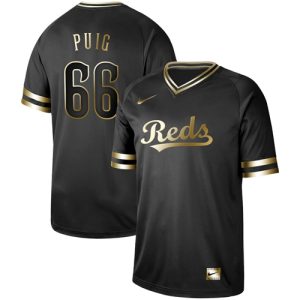Superb Nike Reds #66 Yasiel Puig Black Gold Authentic Stitched MLB Jersey
