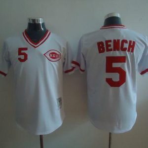 Impressive Mitchell and Ness Reds #5 Johnny Bench Stitched White Throwback MLB Jersey