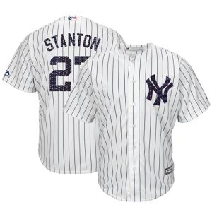 Amazing Yankees #27 Giancarlo Stanton White Strip New Cool Base 2018 Stars & Stripes Stitched MLB Jersey